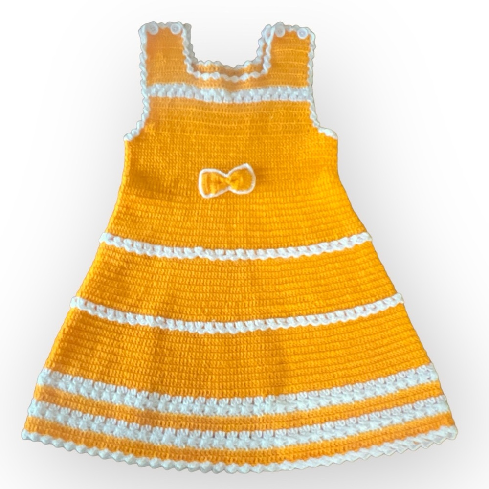 Adorable Vintage Orange and White Crochet Dress! Handmade, One of a kind